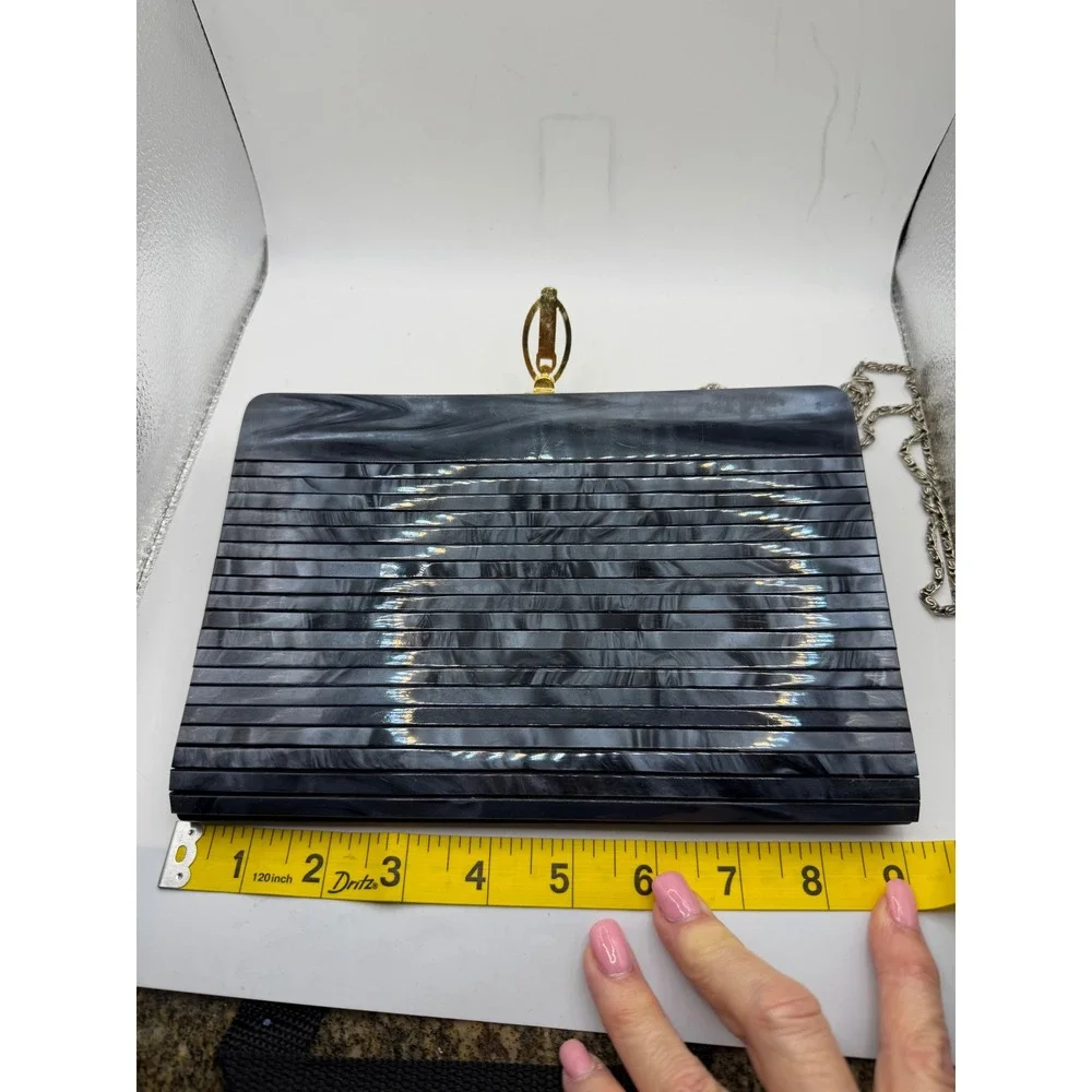 Vintage Marbled Grey Acrylic Ribbed Hard Shell Clutch Evening Bag Gold Clasp